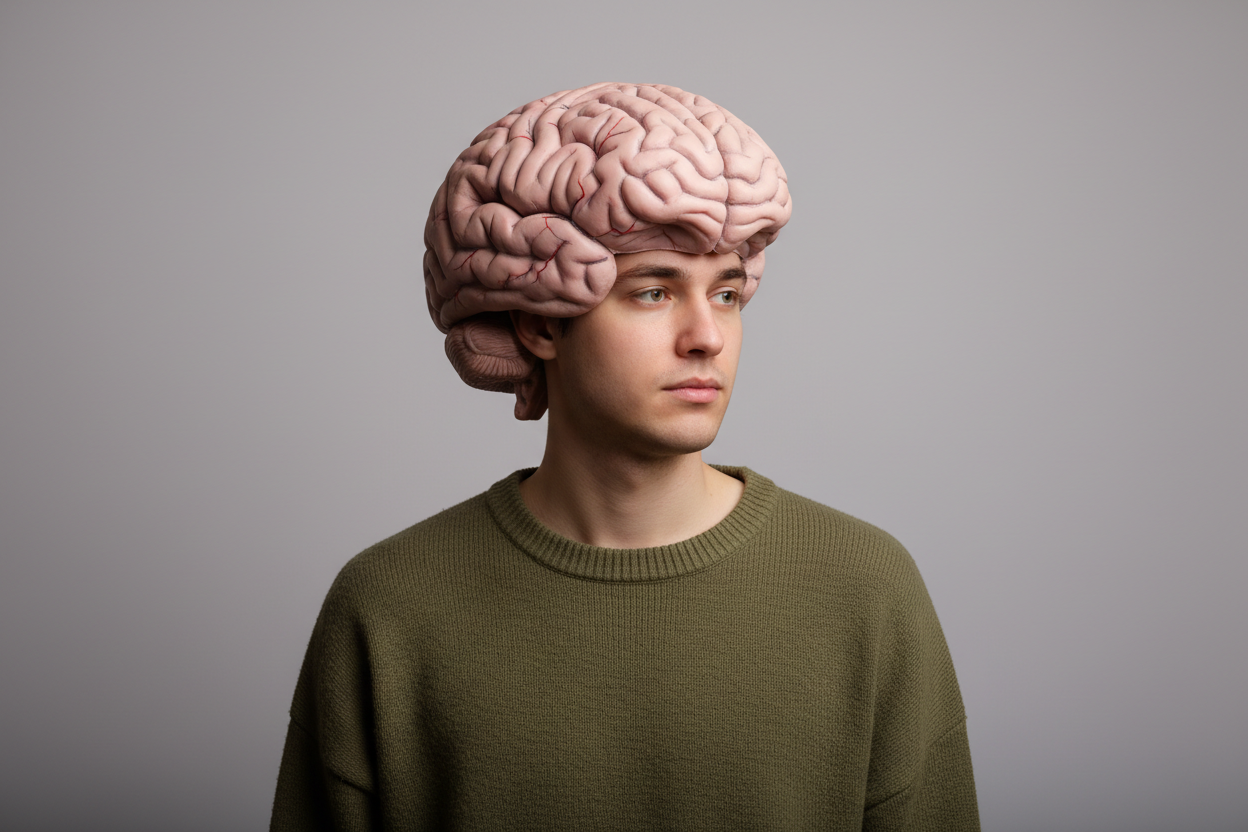 someone wearing brain hat